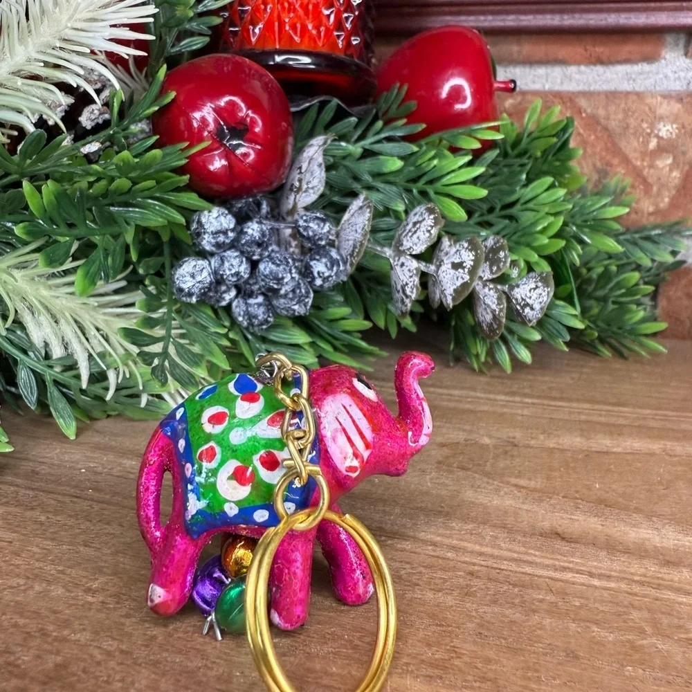 Vintage India Handcrafted Wooden Artisan Colorful Elephant Keychain - Picture 2 of 11